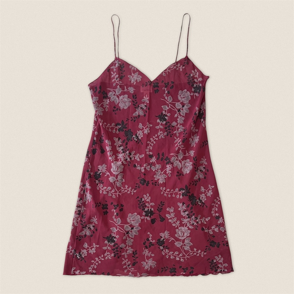 Calvin Klein Burgundy Floral Print V-Neck Spaghetti Strap Slip Dress Size Medium